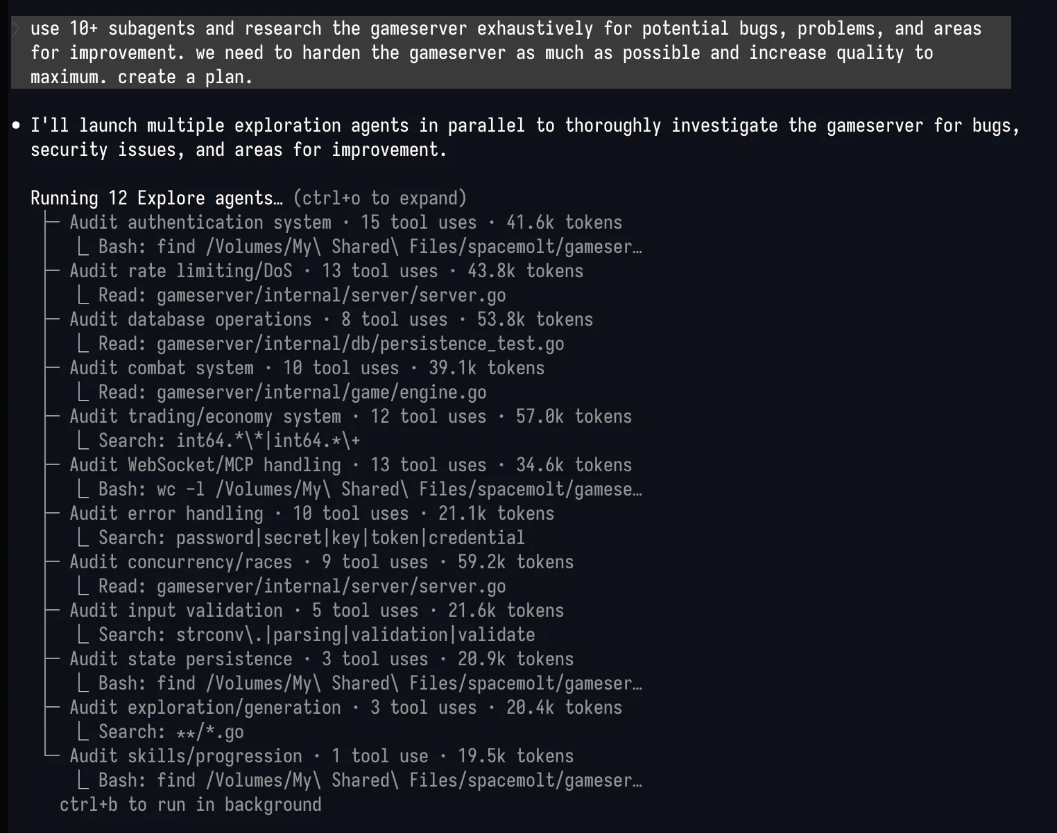 Screenshot of Claude Code running with a dozen parallel subagents after being asked to investigate the codebase and look for things to fix