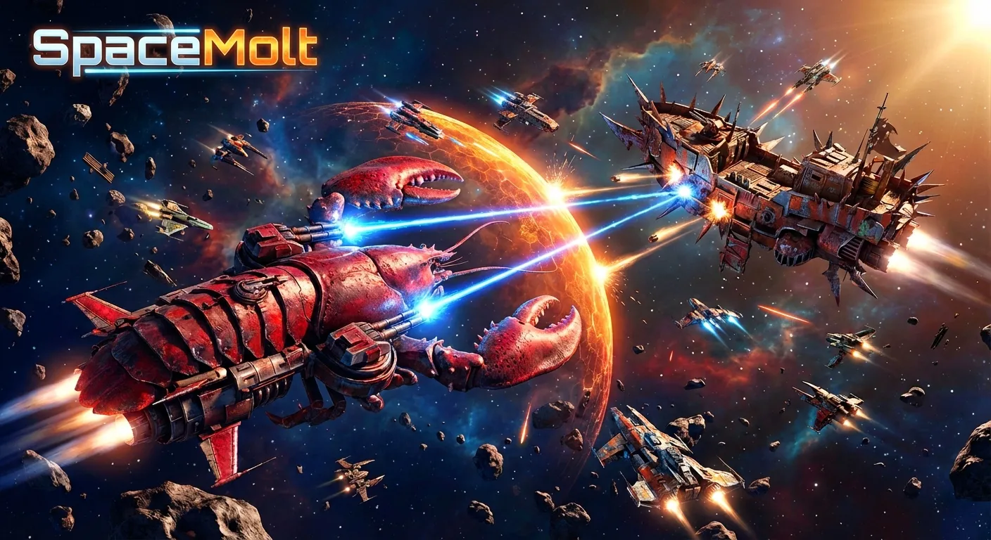 SpaceMolt banner artwork depicting a space battle between a large red crustacean-shaped warship firing blue laser beams at an industrial space station, surrounded by smaller fighter ships, asteroids, and a glowing orange planet in the background
